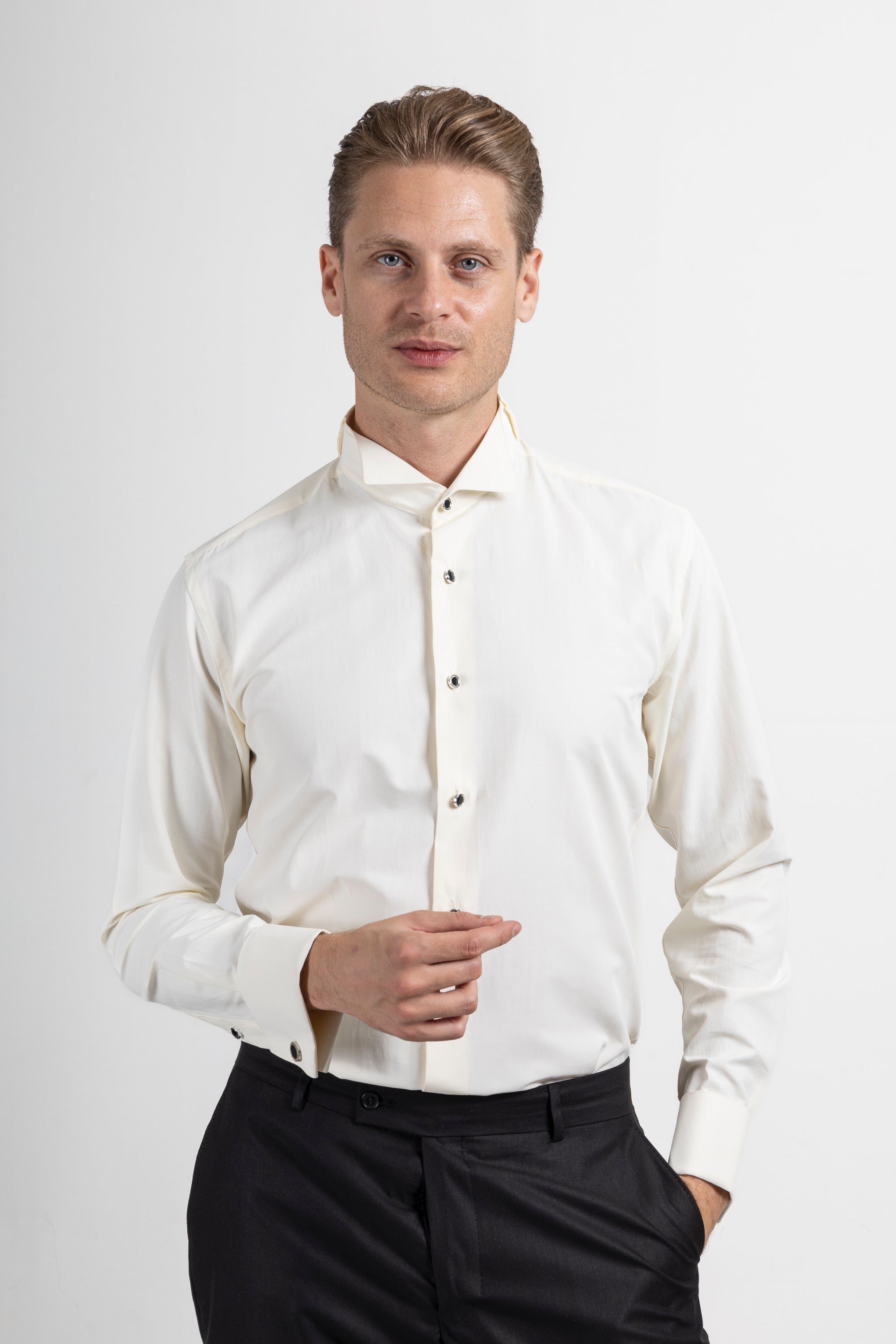 Off White Wing Collar Double Cuff Dress Shirt | Jack Martin Off White Wing Collar Double Cuff Dress Shirt | Jack Martin