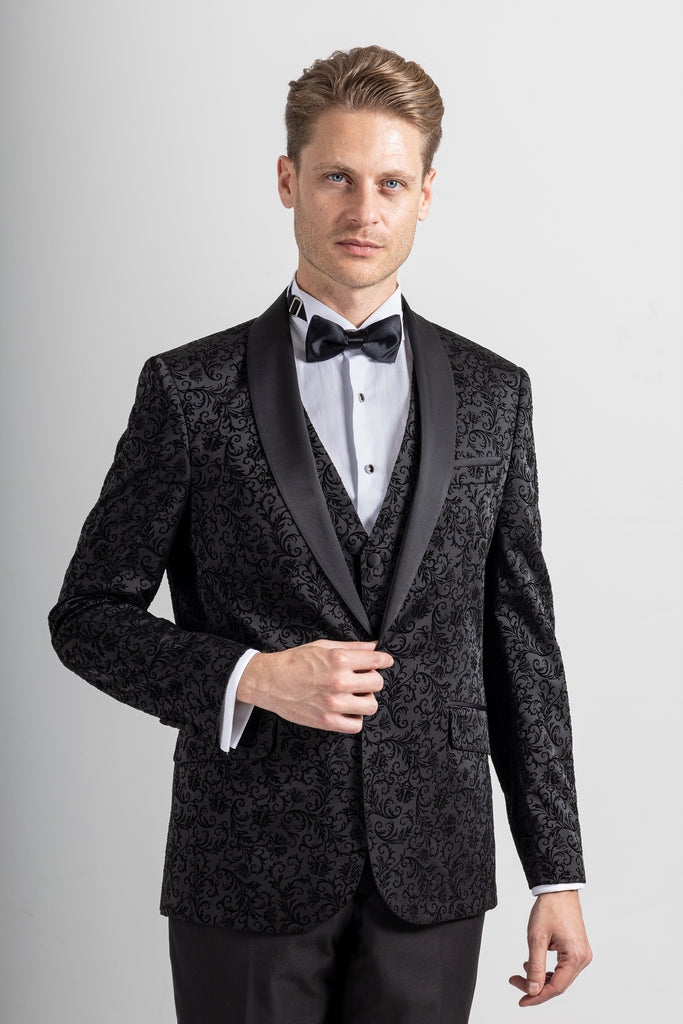 FLORAL - Black Printed Velvet 3 Piece Suit / Tuxedo - Jack Martin Menswear