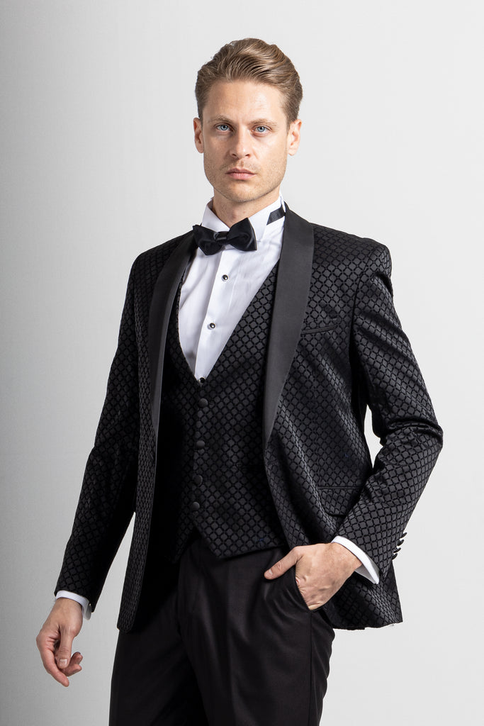 DIAMOND - Black Printed Velvet 3 Piece Suit / Tuxedo - Jack Martin Menswear