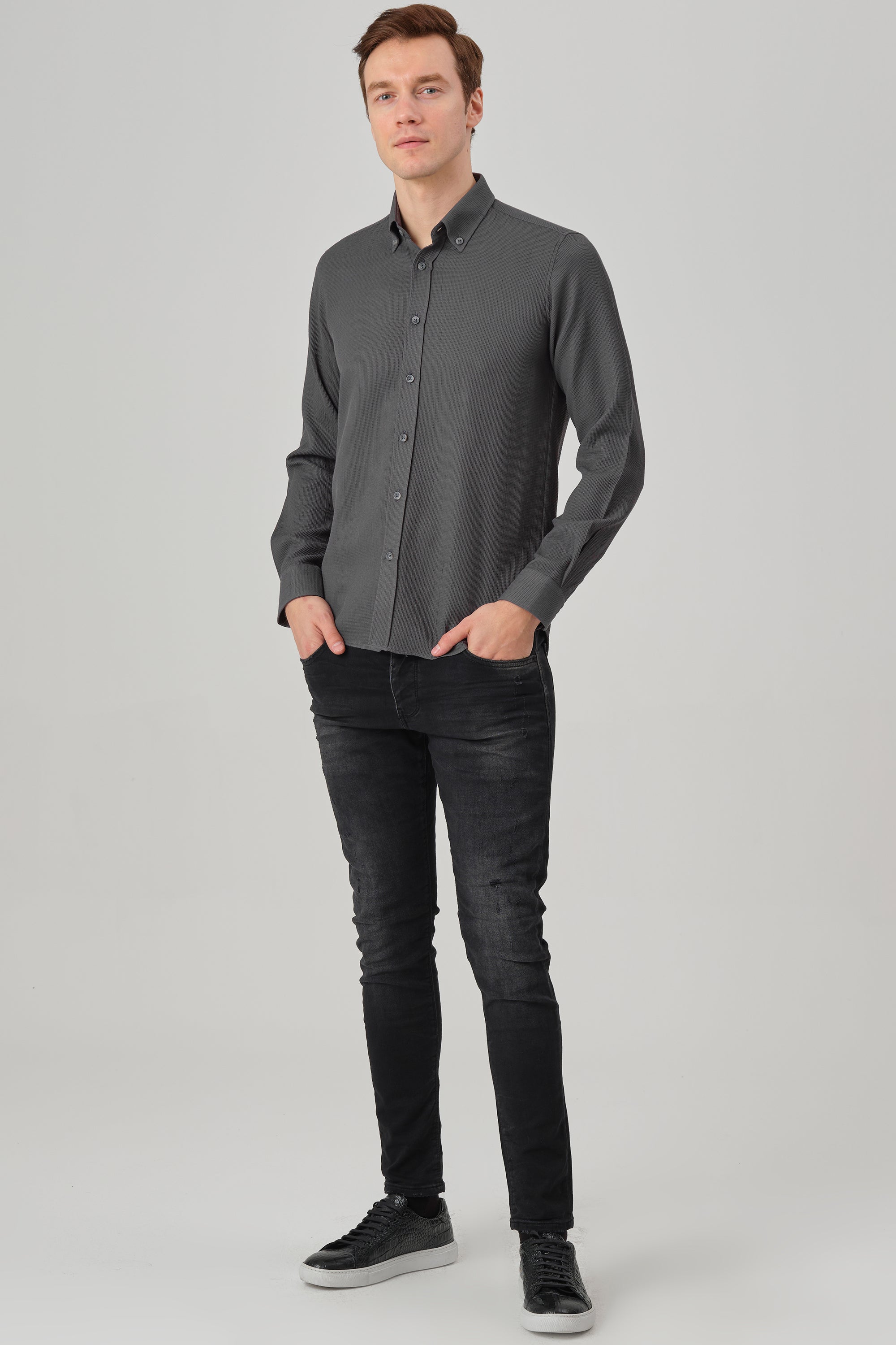 NOAH - Grey Waffle Button Down Casual Shirt - Jack Martin