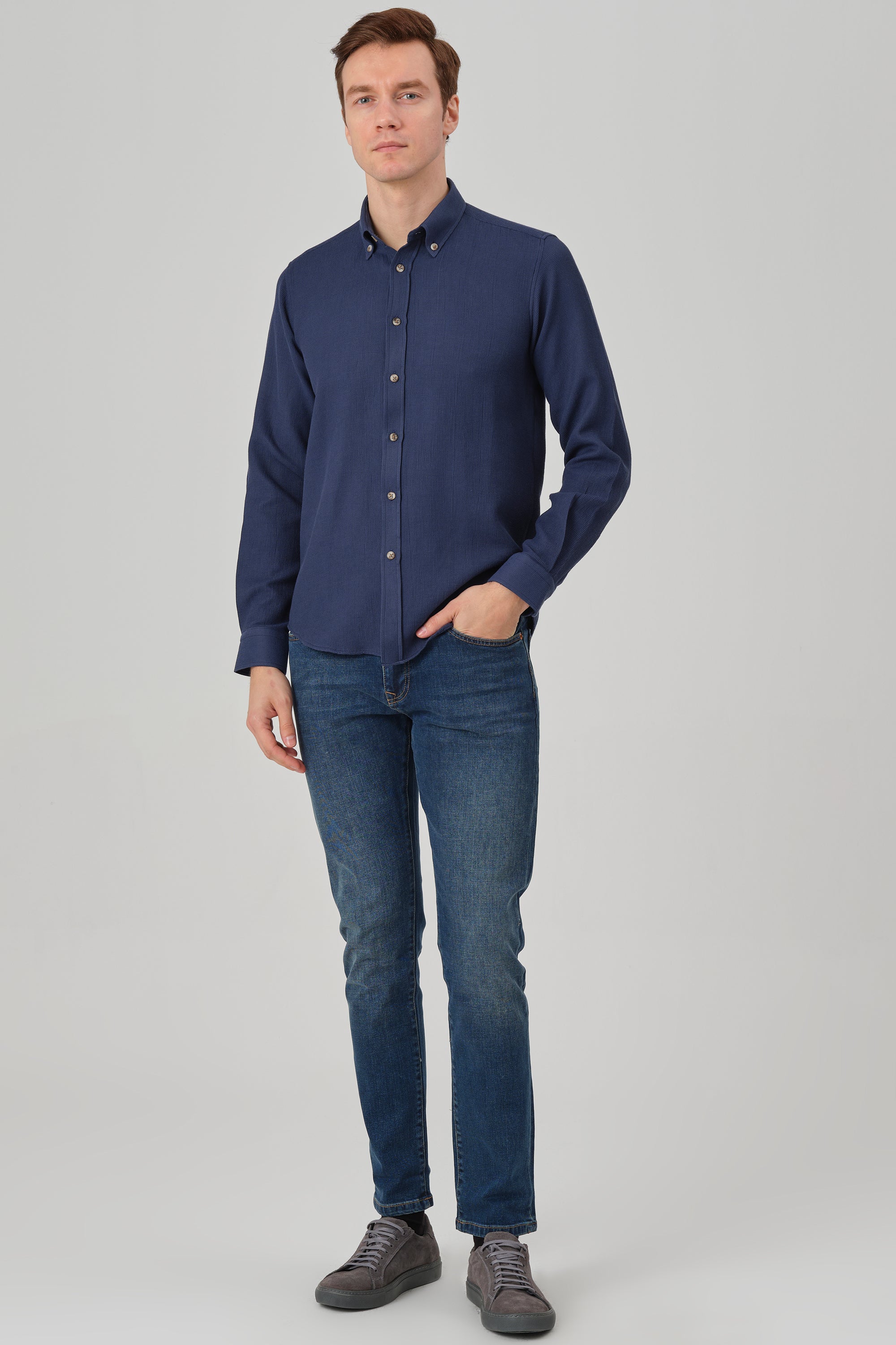 NOAH - Blue Waffle Button Down Casual Shirt - Jack Martin