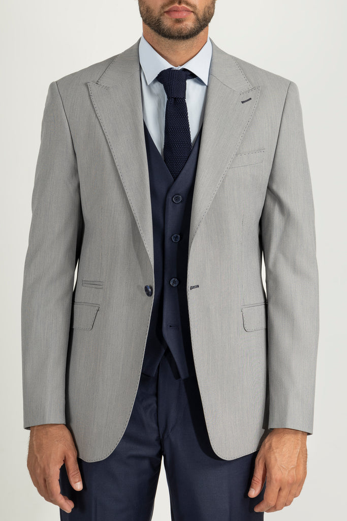 PERCY - Grey & Blue Semi Plain Suit Jacket / Blazer with Peak Lapel - Jack Martin Menswear
