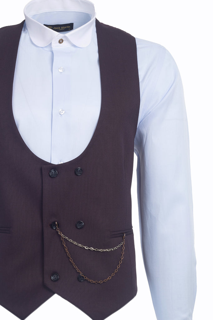Burgundy Semi Plain Double Breasted Suit Waistcoat (PERCY) - Jack Martin Menswear