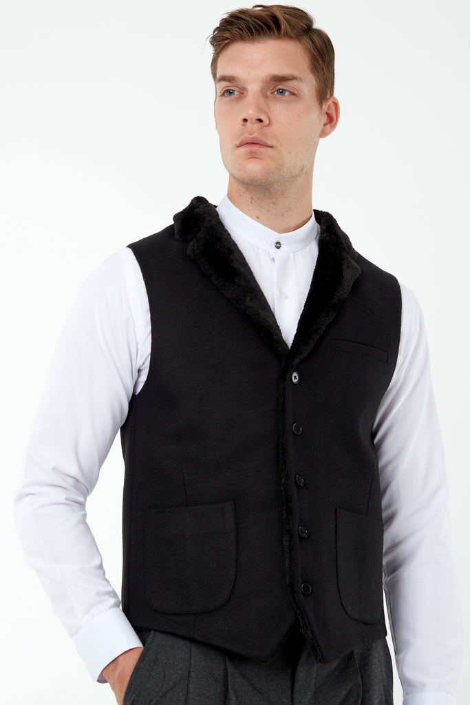 MAX - Black Flannel Waistcoat with Faux Fur - Jack Martin Menswear