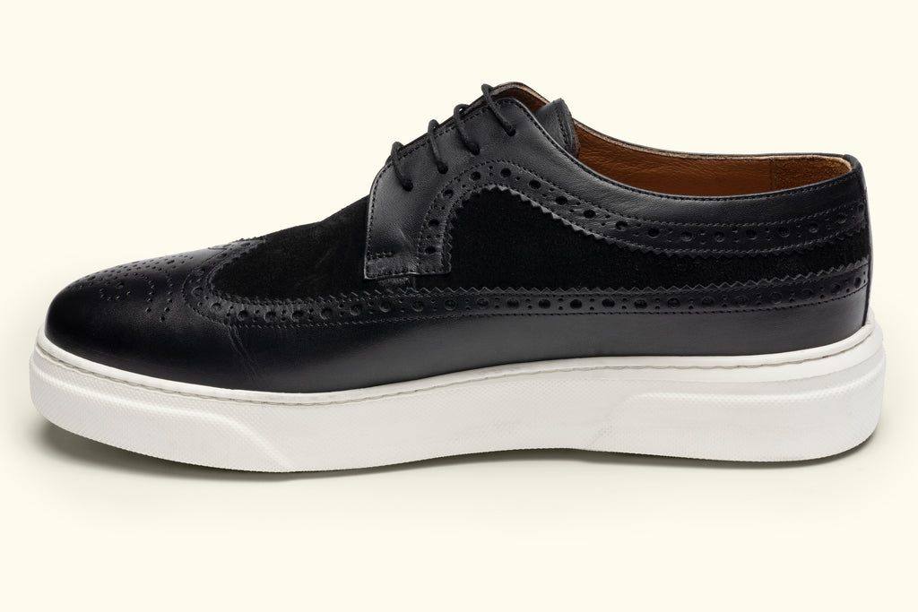 LUCAS - Black Leather Derby Brogue Trainers with White Sole - Jack Martin