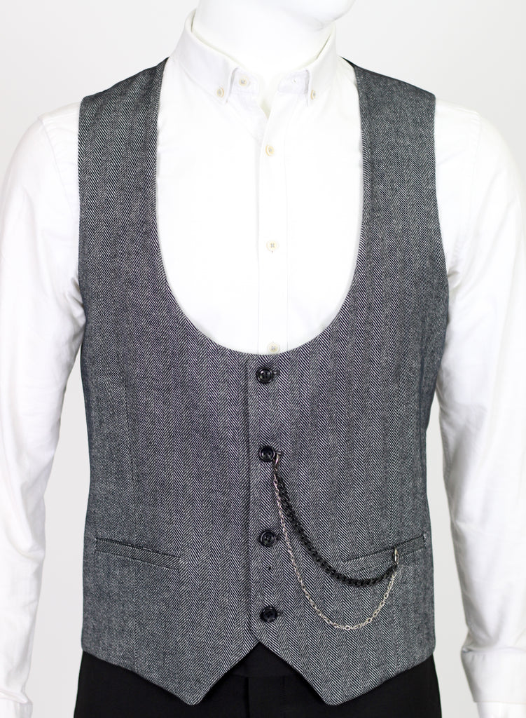 Black Herringbone Tweed Waistcoat - Jack Martin Menswear