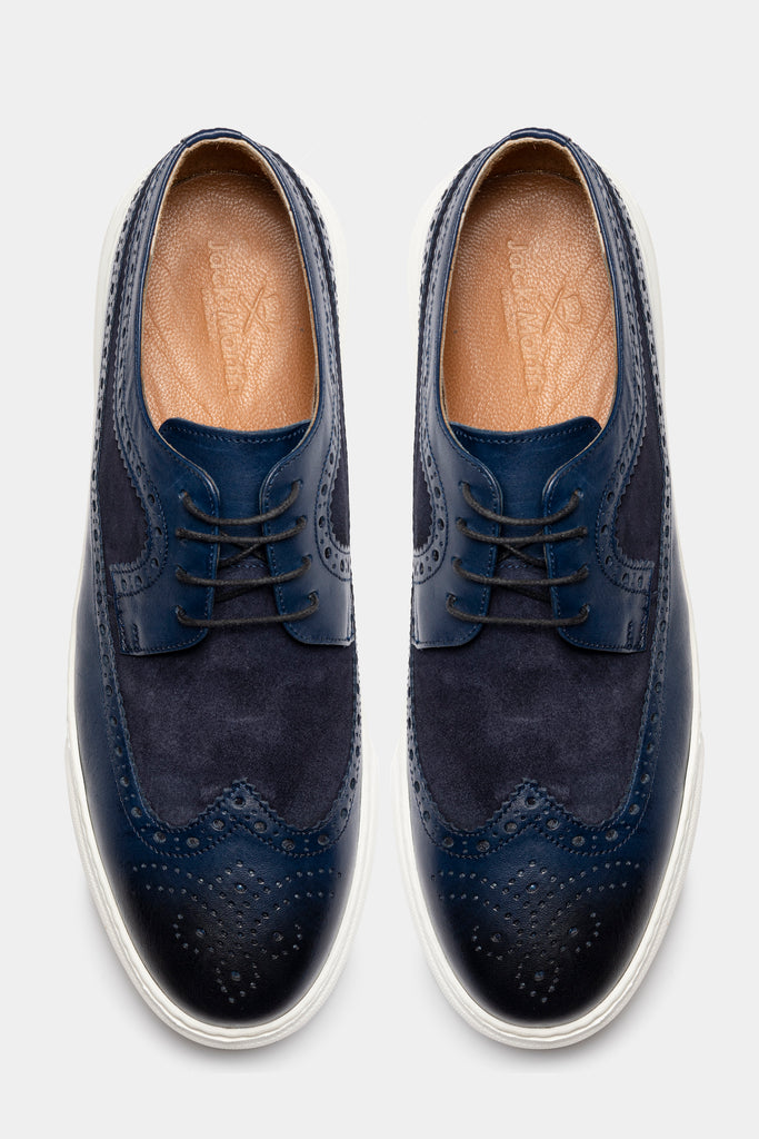 LUCAS - Navy Blue Leather Derby Brogue Trainers with White Sole - Jack Martin