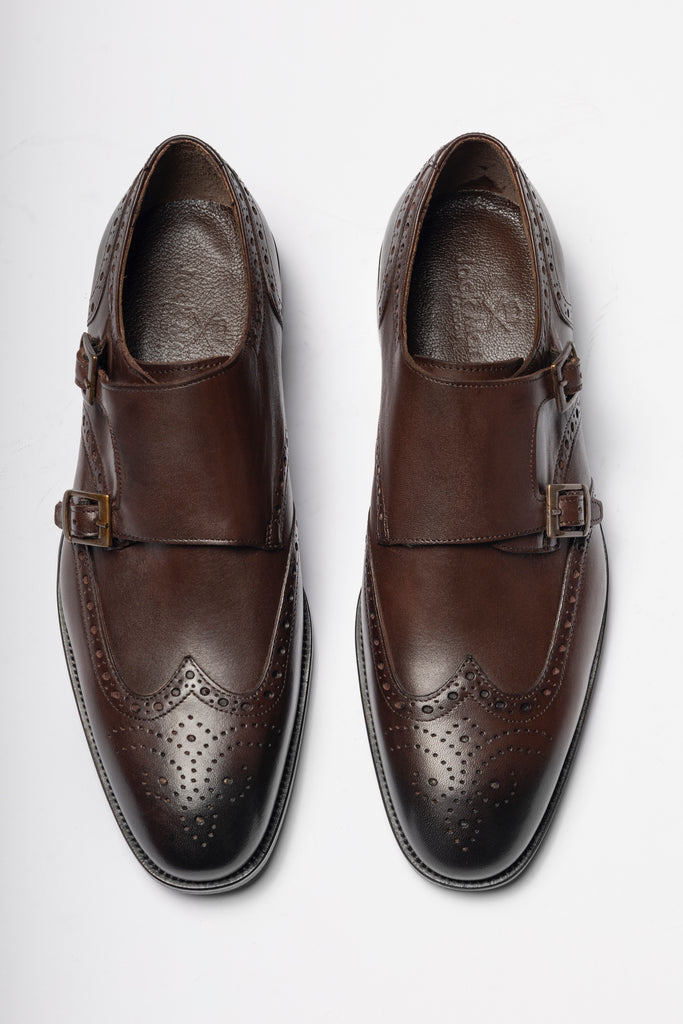 BLAKE - Brown Handmade Burnished Leather Double Monk Strap Shoes - Jack Martin