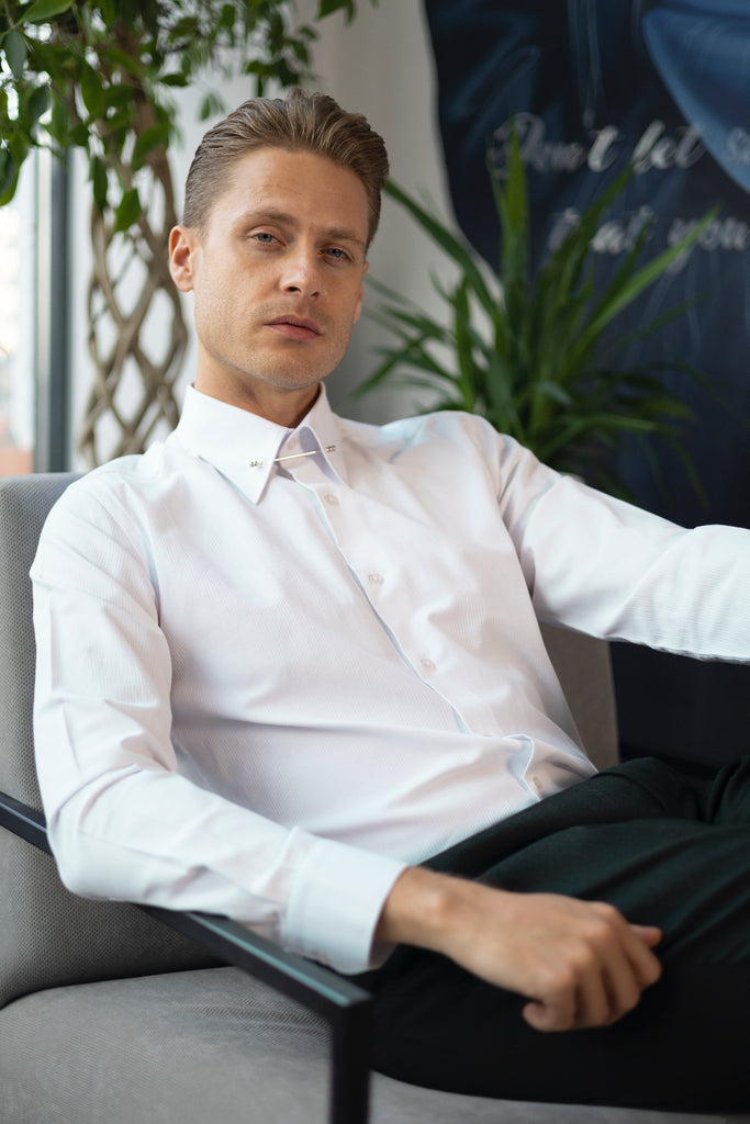 LUKE - White Subtle Stripe Pin Collar Shirt - Jack Martin