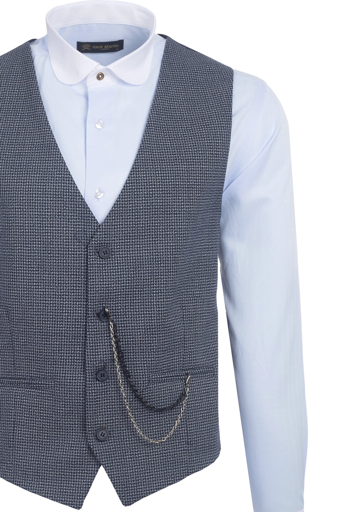 Navy Blue Houndstooth Wool Waistcoat - Jack Martin Menswear