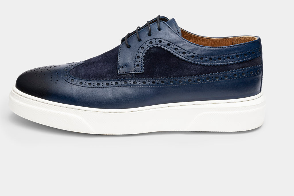 LUCAS - Navy Blue Leather Derby Brogue Trainers with White Sole - Jack Martin