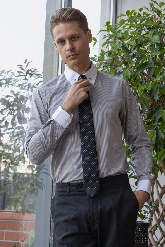 LUKE - Grey Subtle Stripe Pin Collar Shirt - Jack Martin