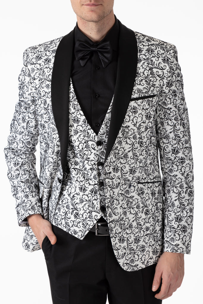 White Floral Printed Velvet 3 Piece Suit / Tuxedo - Jack Martin Menswear