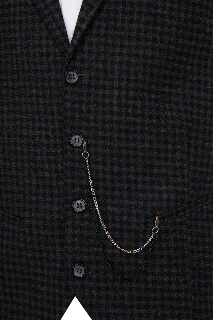 Black Gingham Check Collared Tweed Waistcoat - Jack Martin Menswear