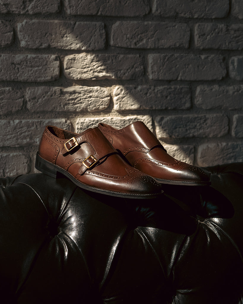 BLAKE - Brown Handmade Burnished Leather Double Monk Strap Shoes - Jack Martin