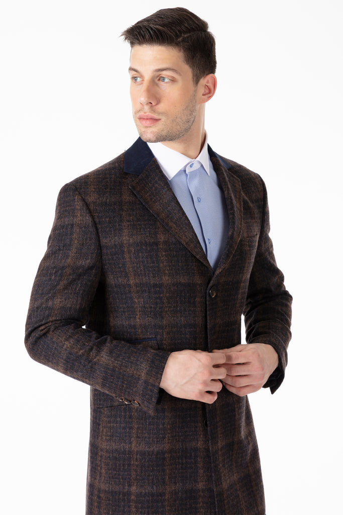 Peaky Blinders - Brown & Navy Check Wool Overcoat - Jack Martin Menswear