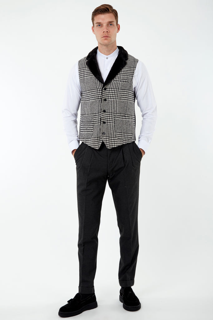 MAX - Black & White Glen Check Tweed-Look Waistcoat with Faux Fur - Jack Martin Menswear