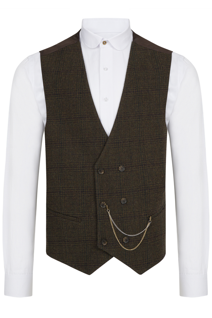 Brown & Green Check Tweed Double Breasted Waistcoat - Jack Martin Menswear