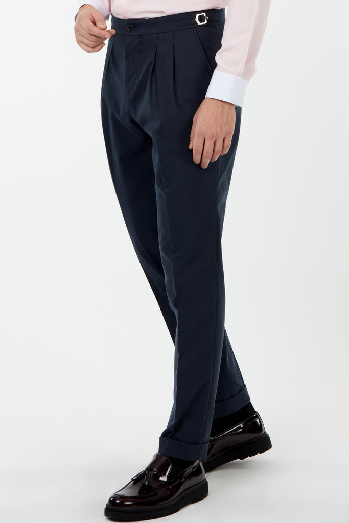 LAGUNA - Heather Navy Pleated Flannel Trousers - Jack Martin