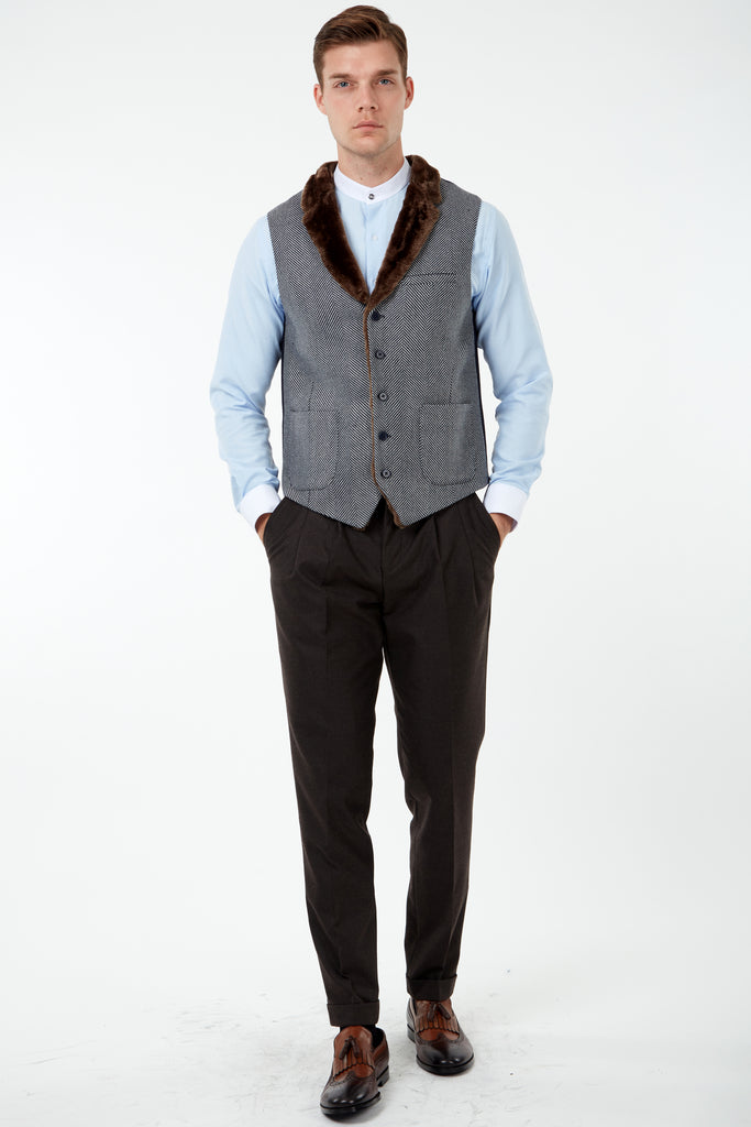 MAX - Navy & White Herringbone Tweed-Look Waistcoat with Faux Fur - Jack Martin Menswear