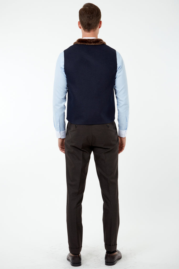 MAX - Navy & White Herringbone Tweed-Look Waistcoat with Faux Fur - Jack Martin Menswear