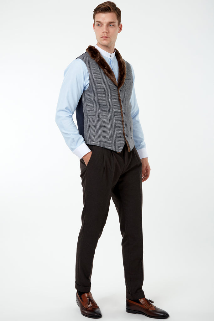 MAX - Navy & White Herringbone Tweed-Look Waistcoat with Faux Fur - Jack Martin Menswear