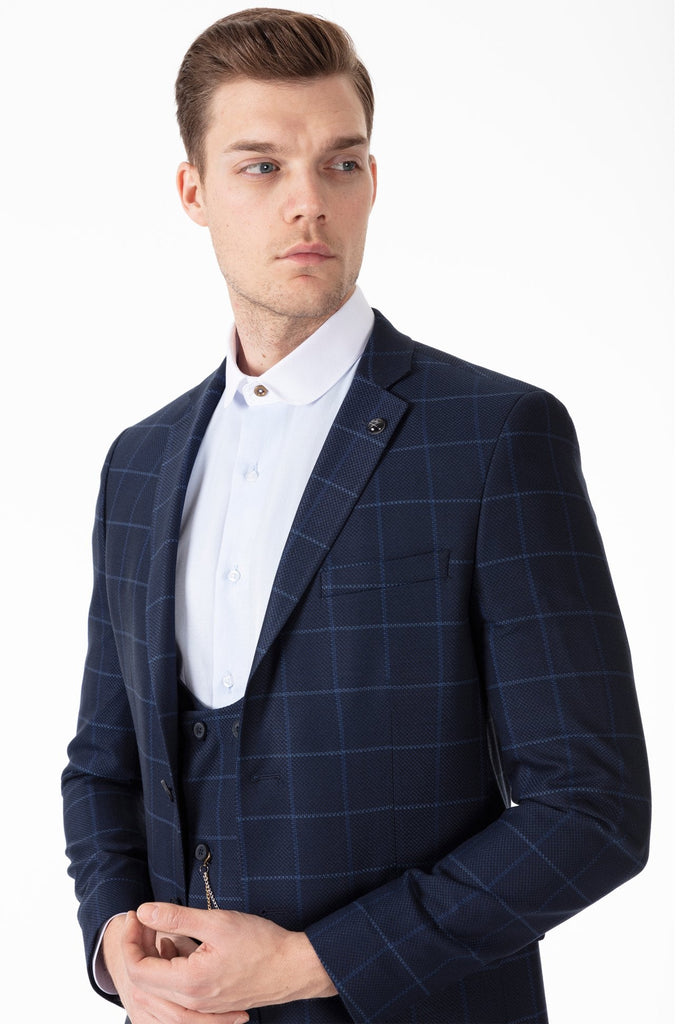 ARTHUR - Blue Check Tailored Fit 3 Piece Suit - Jack Martin Menswear