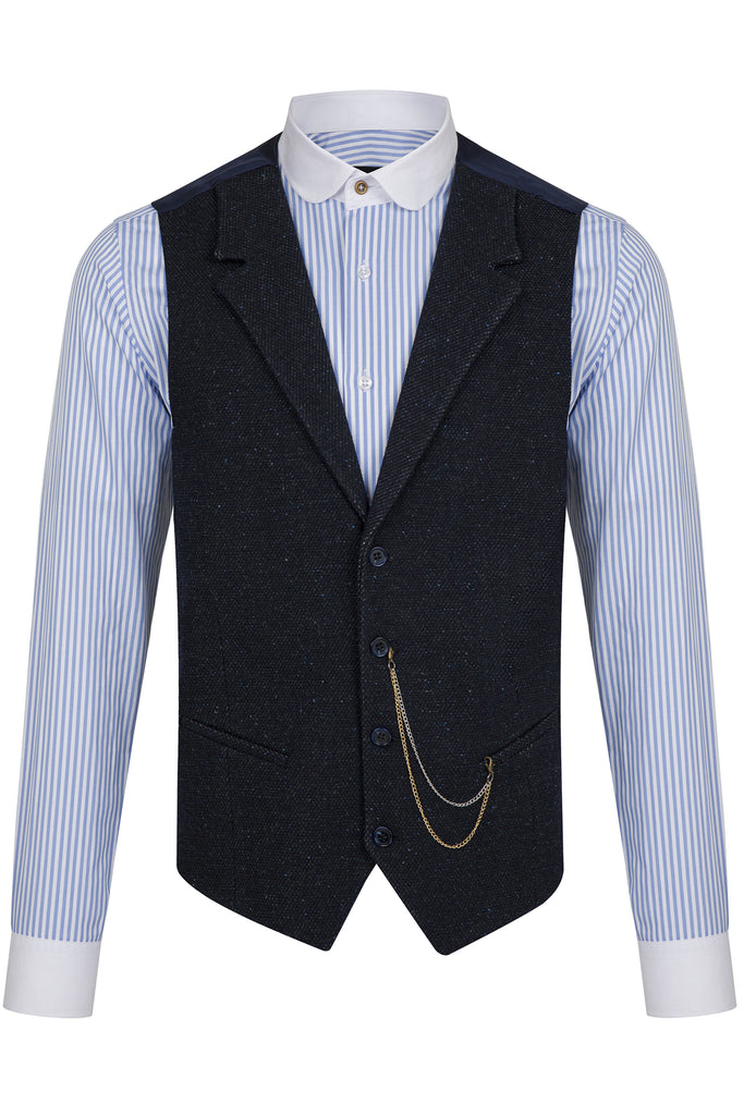Navy Speckled Collared Tweed Waistcoat - Jack Martin Menswear