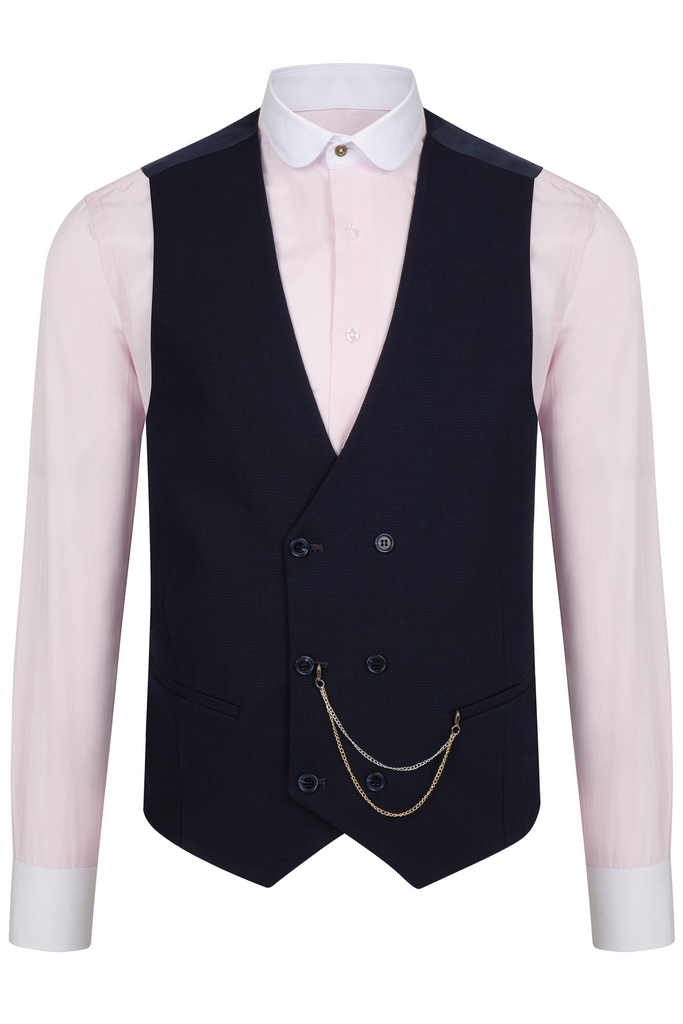 Navy Textured Wool Double Breasted Waistcoat - Jack Martin Menswear