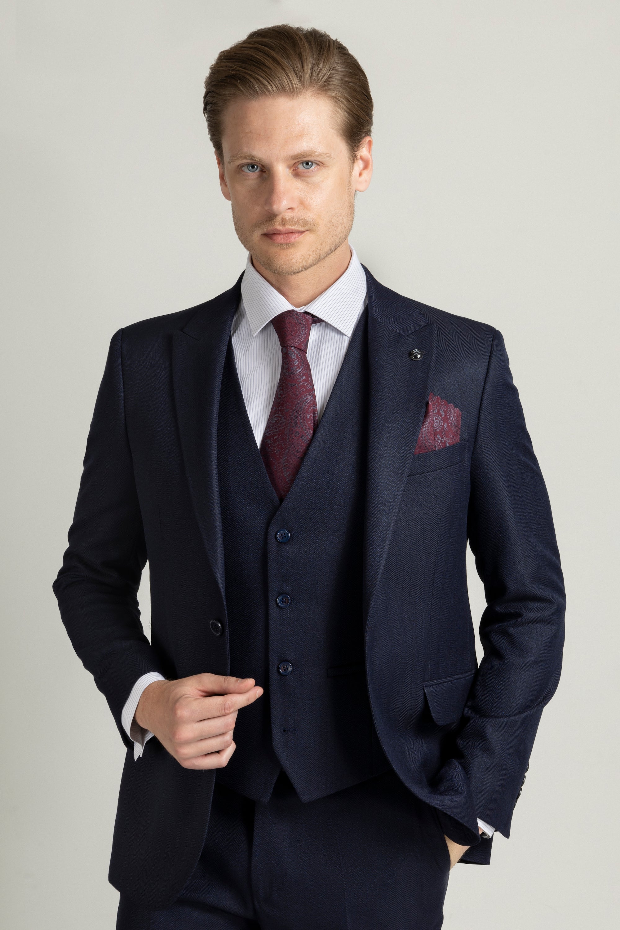 SHELBY Dark Navy Herringbone Tweed 3 Piece Suit Jack Martin