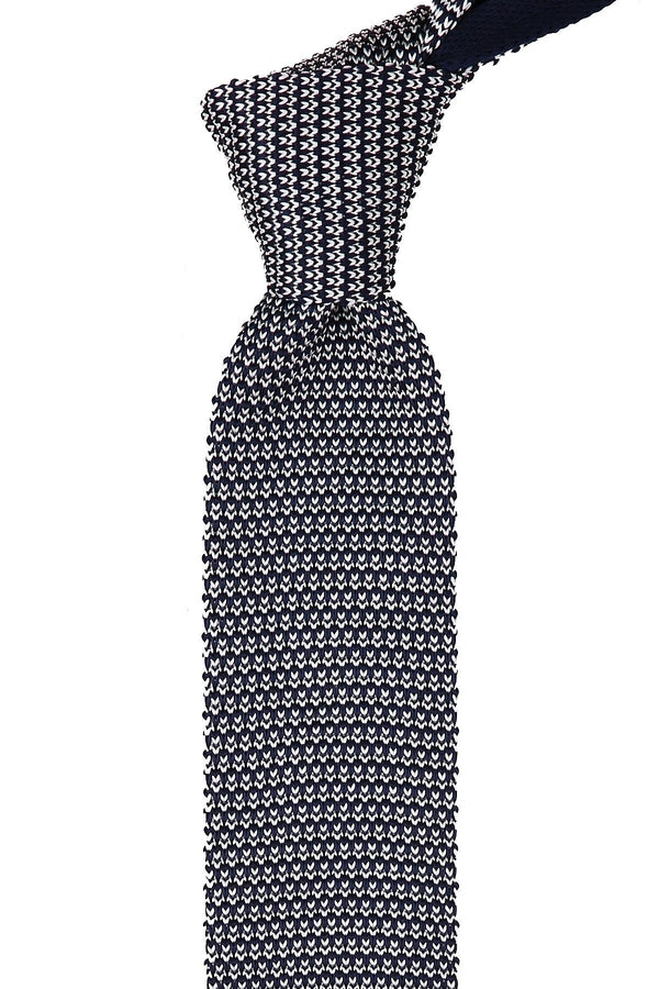 Knitted Tie: Navy & White Patterned Knit Tie - Jack Martin