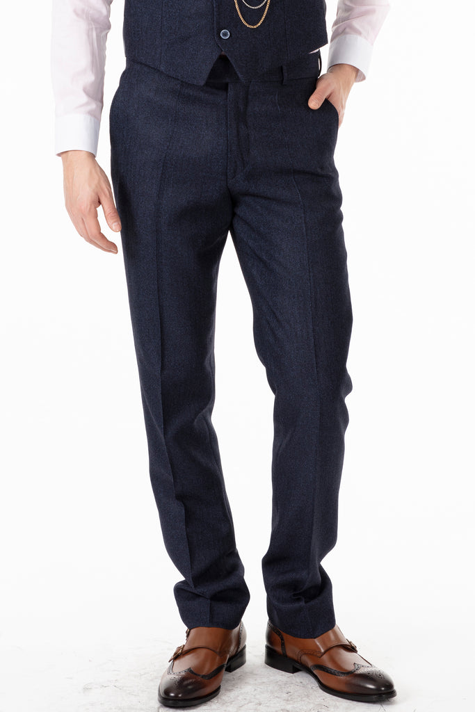 TOMMY - Navy Herringbone Tweed Trousers - Jack Martin Menswear
