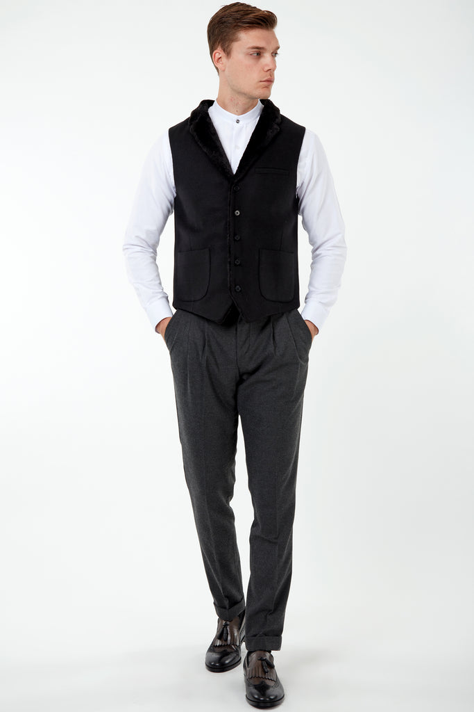 MAX - Black Flannel Waistcoat with Faux Fur - Jack Martin Menswear