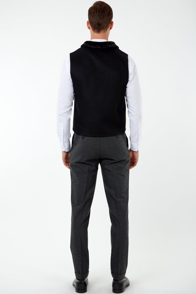 MAX - Black Flannel Waistcoat with Faux Fur - Jack Martin Menswear