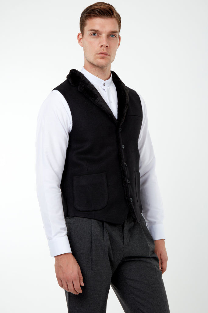 MAX - Black Flannel Waistcoat with Faux Fur - Jack Martin Menswear
