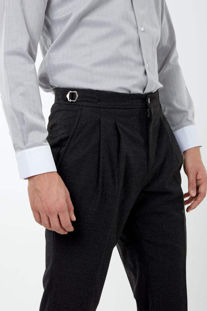 LAGUNA - Heather Black Pleated Flannel Trousers - Jack Martin