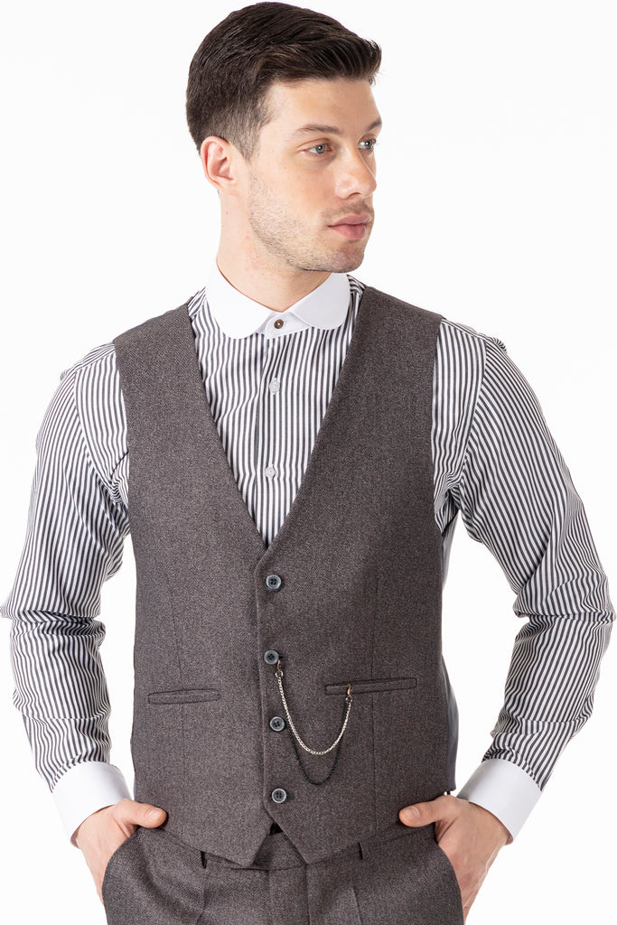 TOMMY - Grey Herringbone Tweed Waistcoat - Jack Martin Menswear