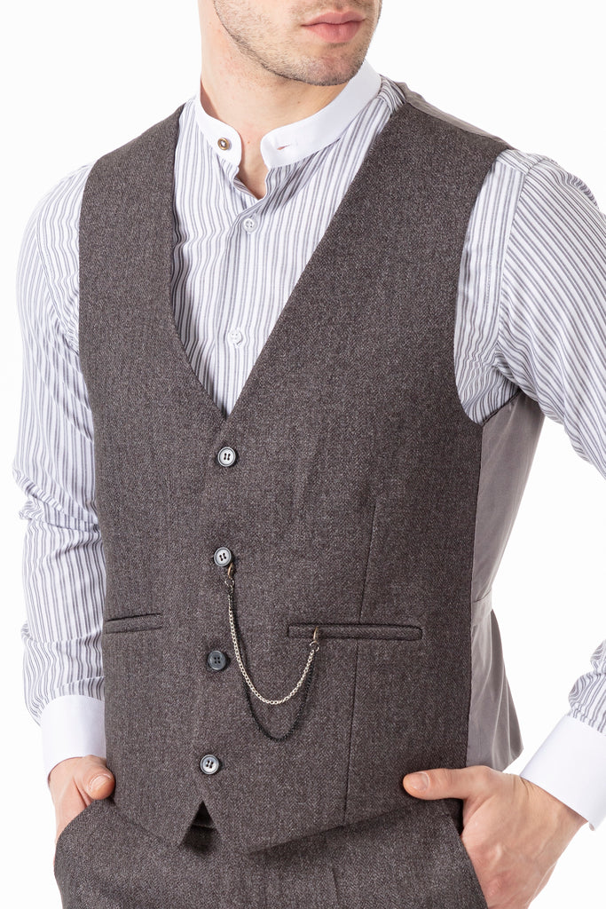 JOHN - Grey Tweed Herringbone Waistcoat - Jack Martin Menswear